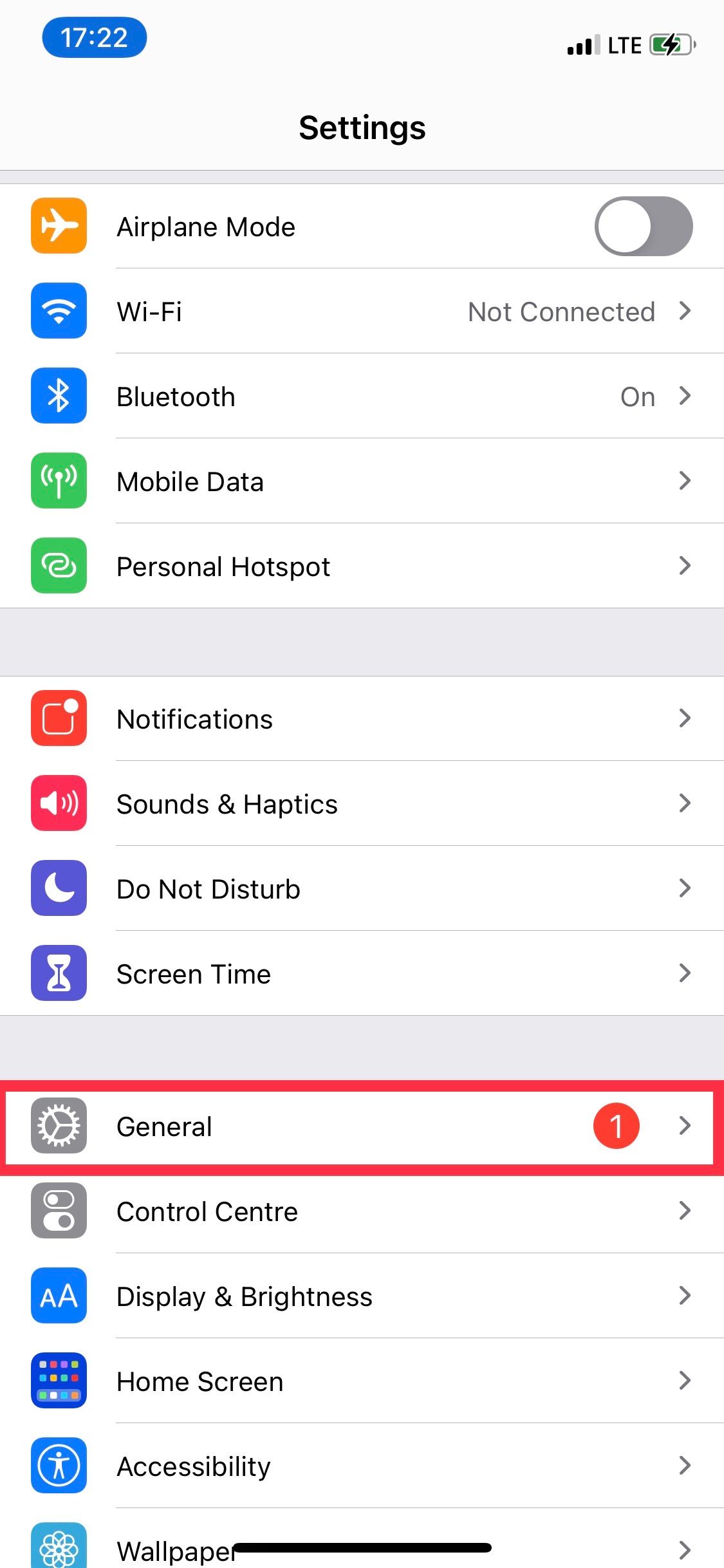 iPhone General Settings screenshot.