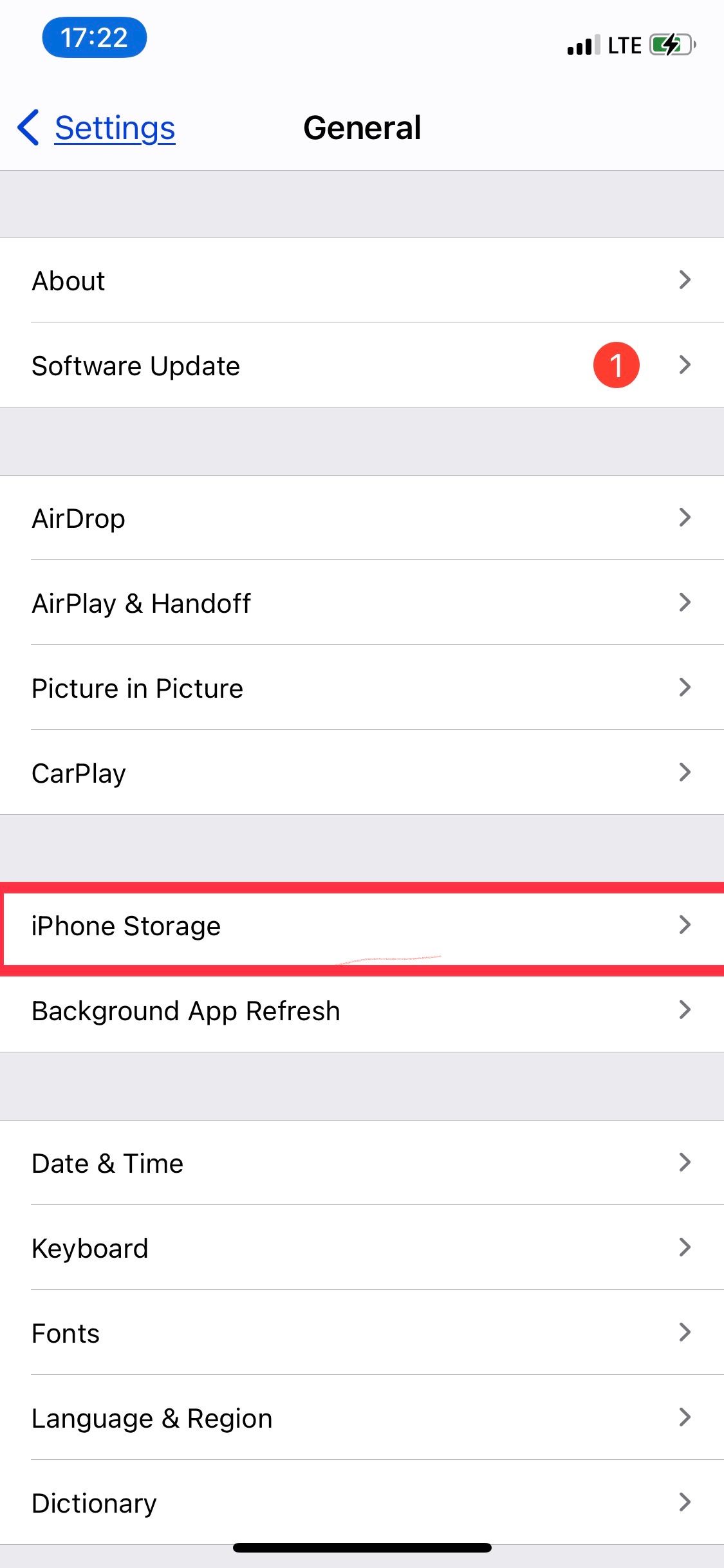 iPhone Settings screenshot with 'iPhone Storage' highlighted.
