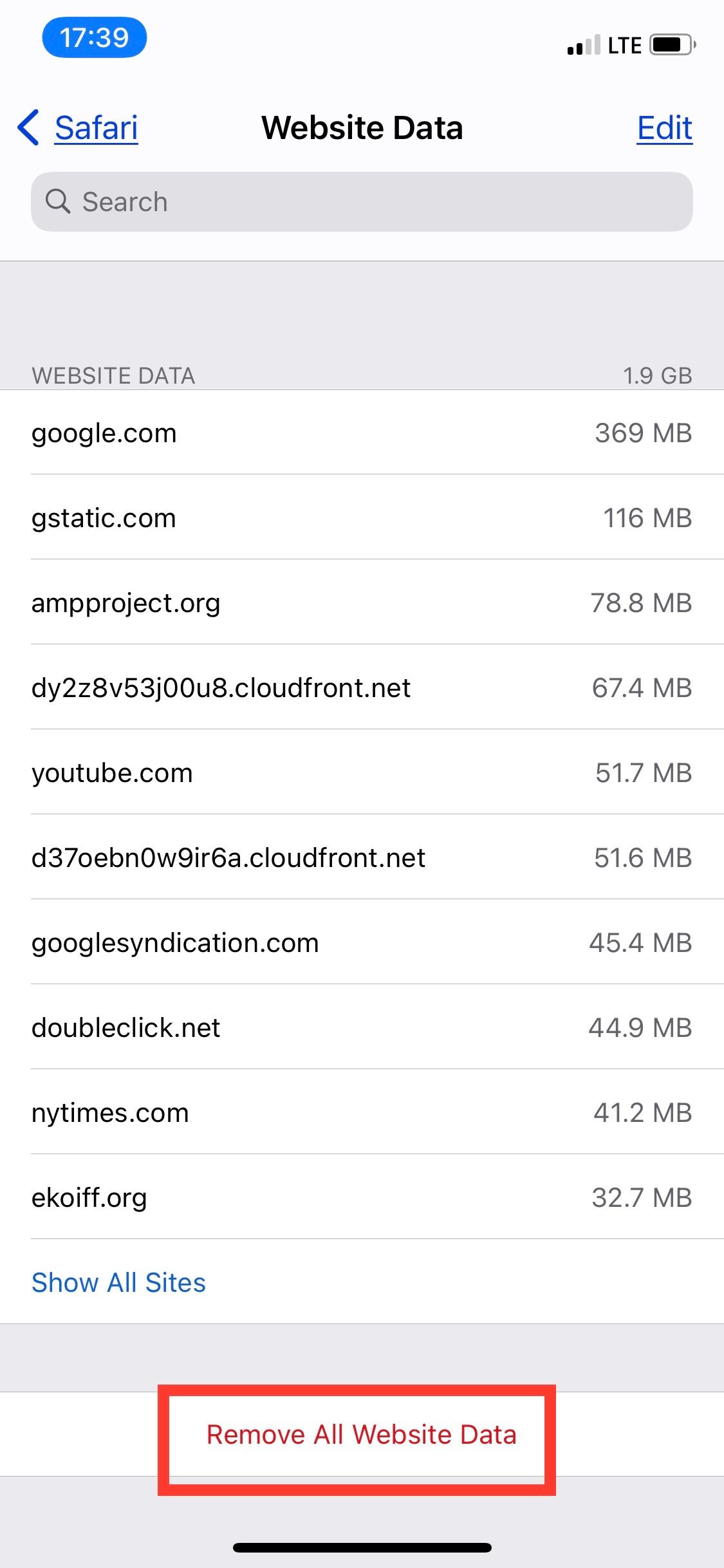 iPhone Safari cache showing sizes of cached website data.