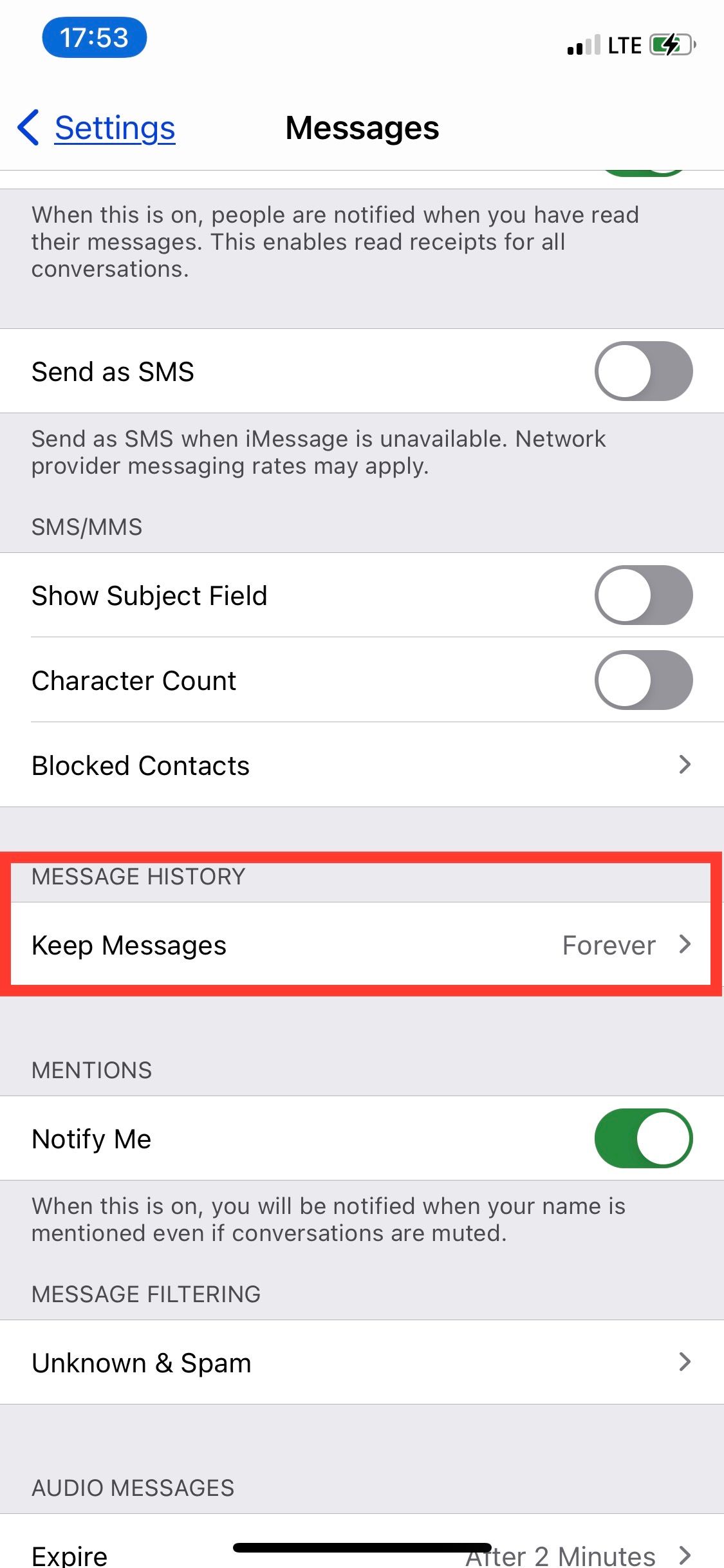 iPhone Message settings screenshot with Keep Messages highlighted.