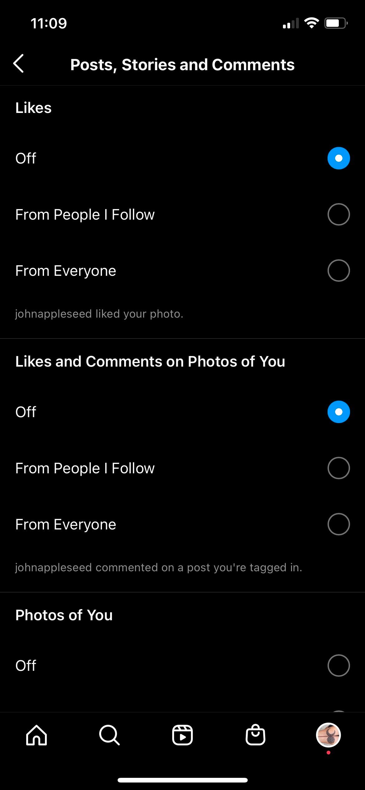 Instagram Post and Stories Options Screenshot