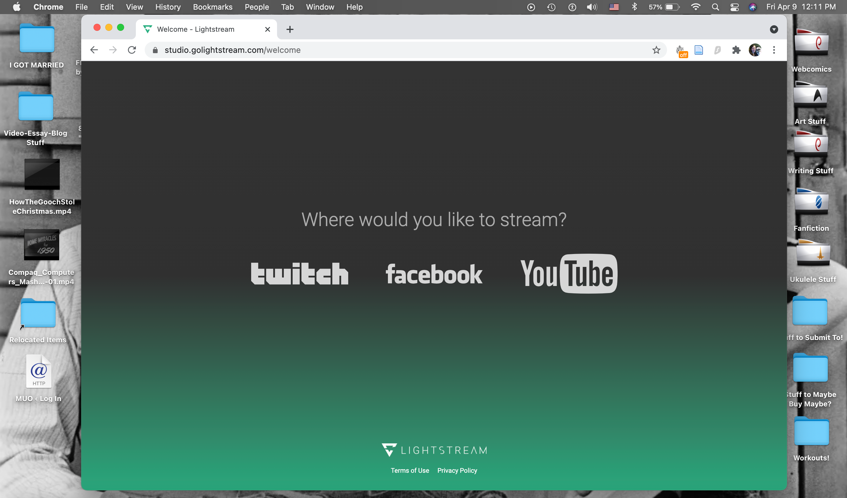 The starting window on Lightstream Studio on a MacBook Pro, which asks which streaming platform you're using