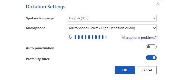 Microsoft Word dictation settings menu