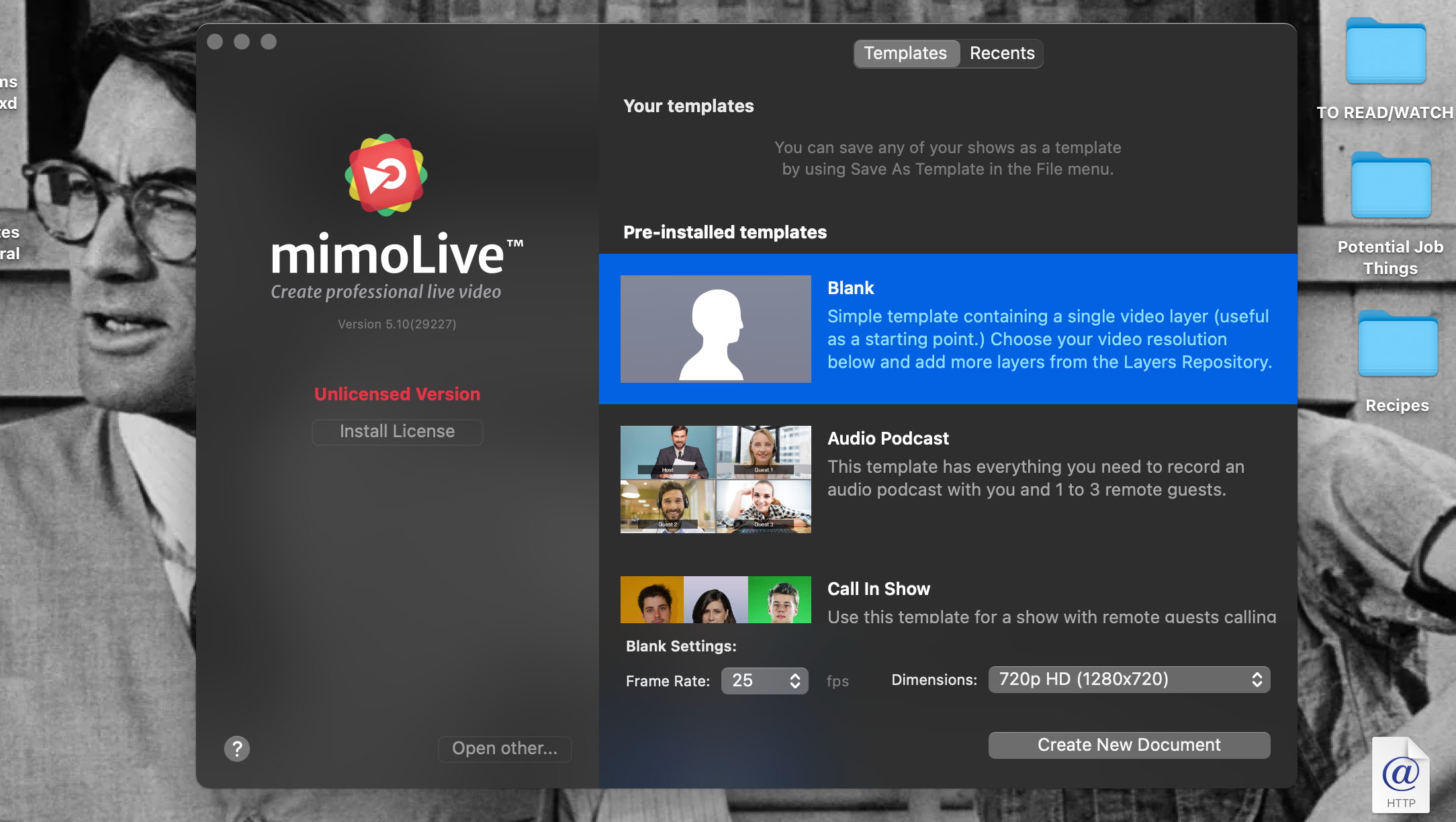 The starting window for Mimolive on a MacBook Pro