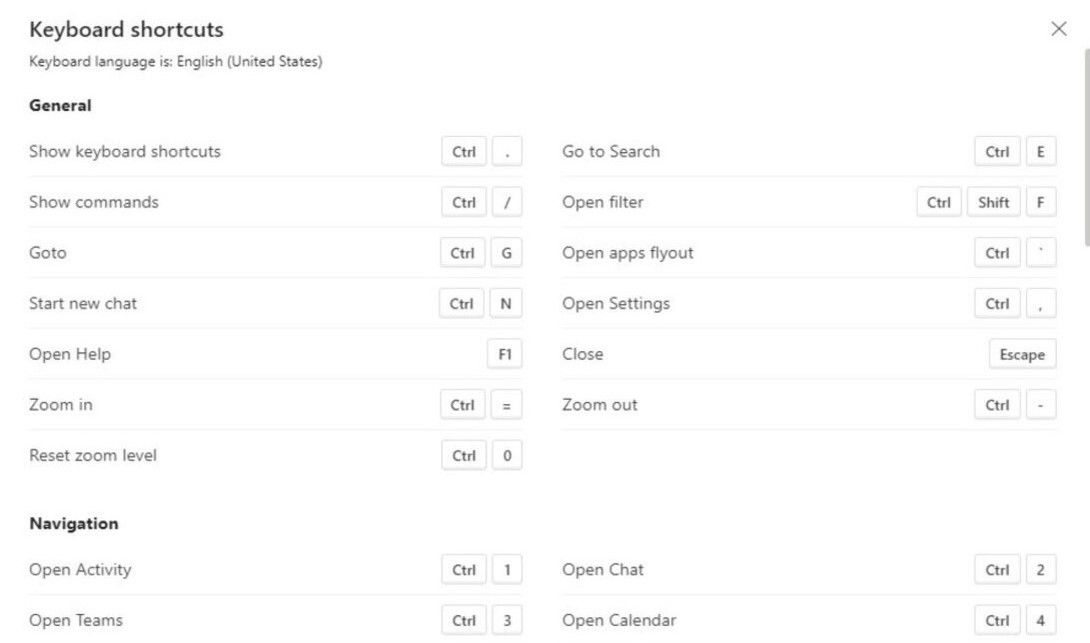 Microsoft teams keyboard shortucts