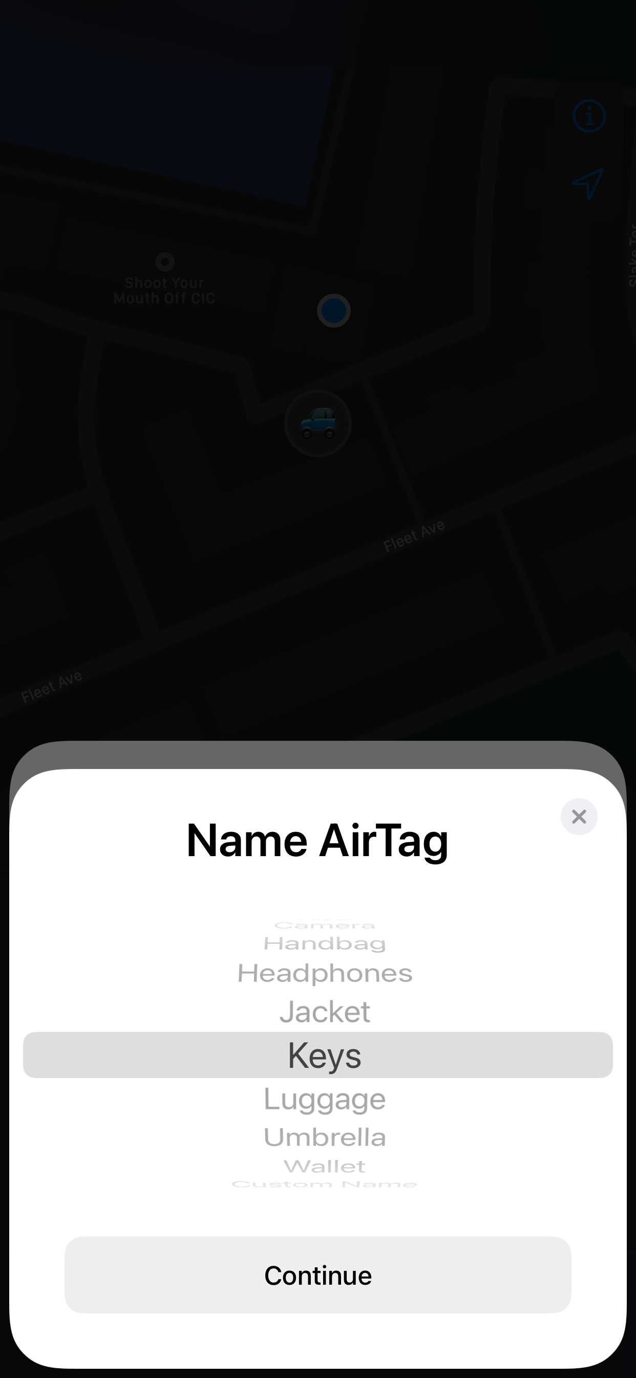 A screenshot of the set up process where you name your AirTag
