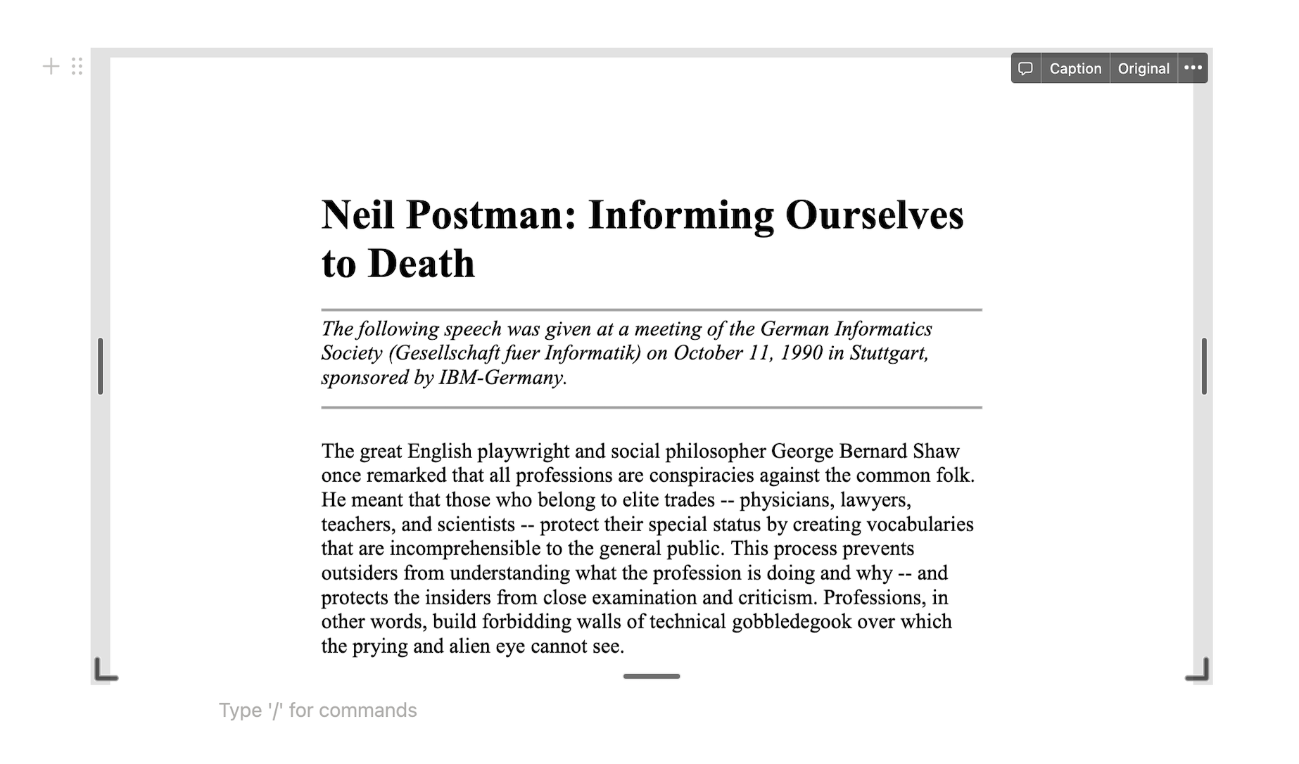 A PDF of Informing Ourselves to Death embedded in Notion