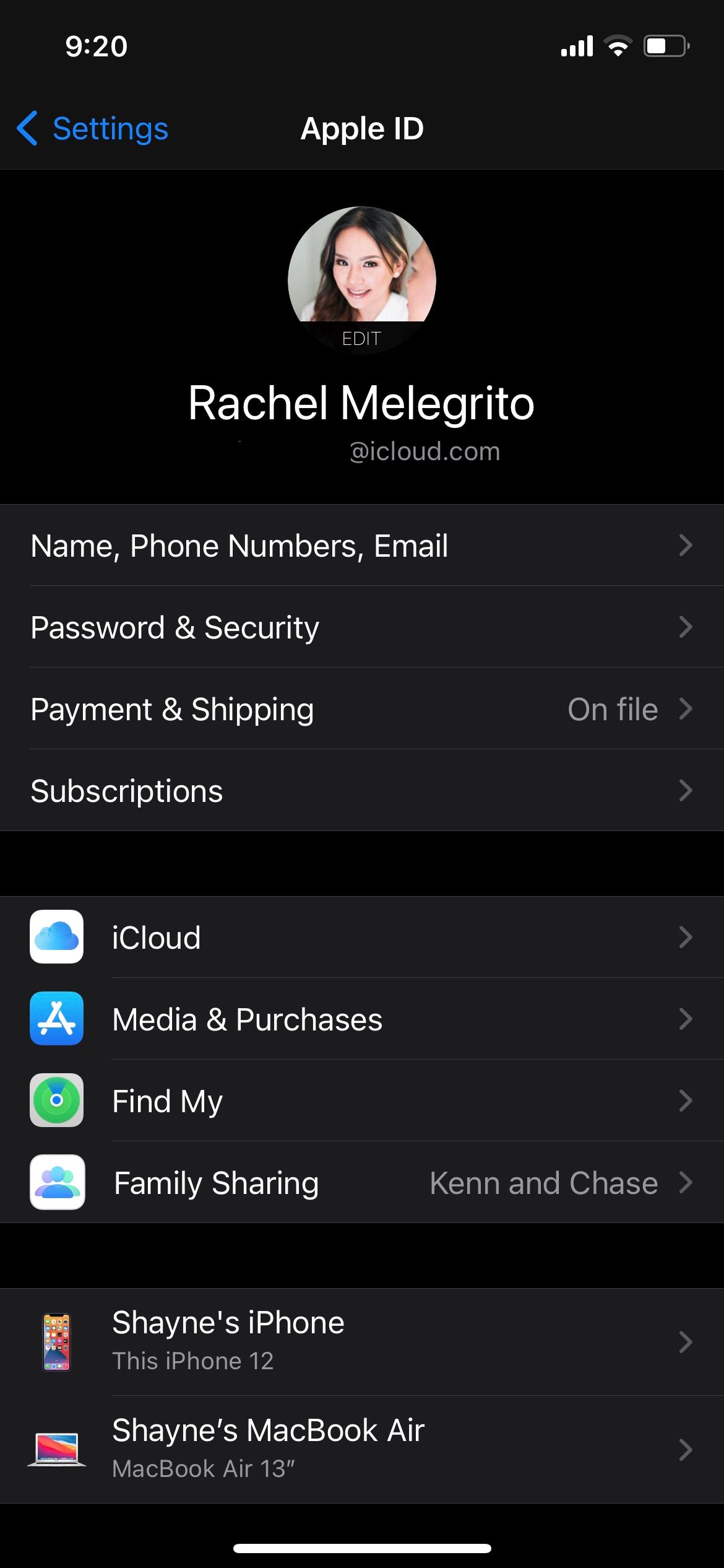 iPhone settings showing payment and shipping