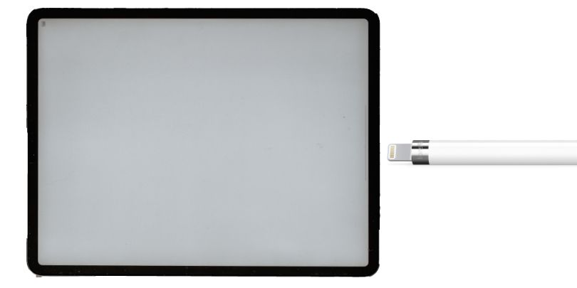 Apple Pencil Lightning connector plugging into an iPad.