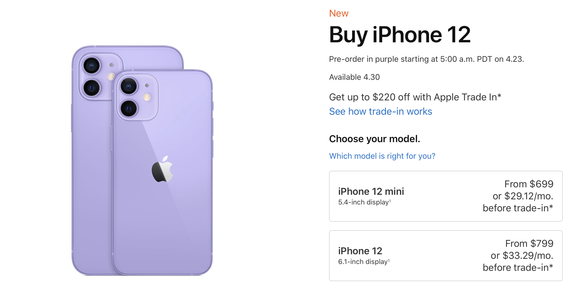 Screenshot of the new purple iPhones on the Apple website