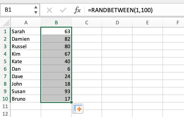 Using Excel's RANDBETWEEN function to assign game participants random numbers