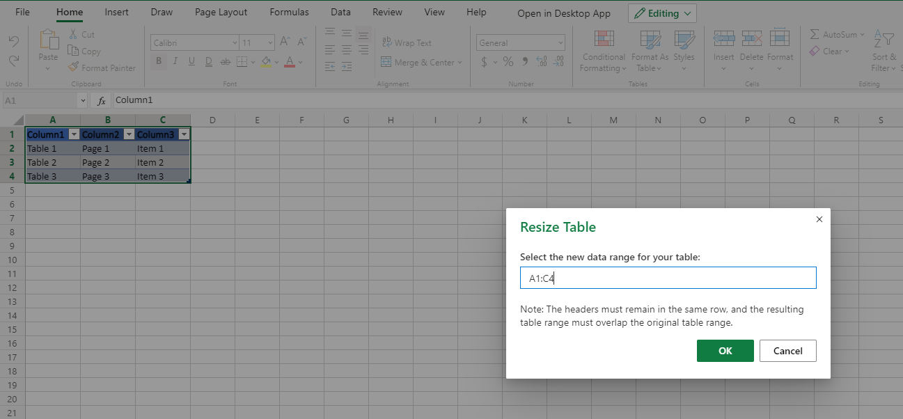 Resizing tables in MS Excel for the Web