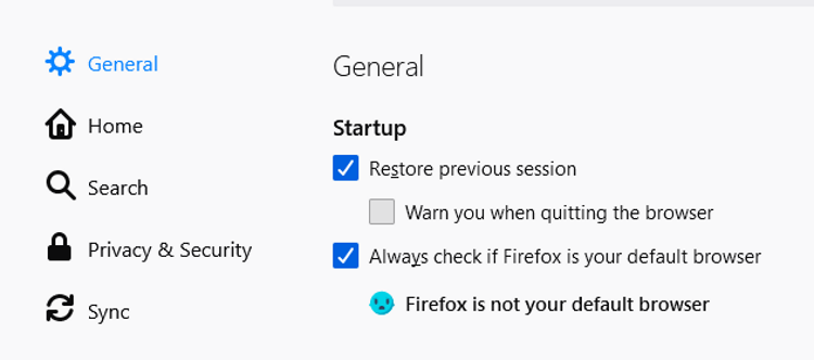 Restore previous session setting in Firefox