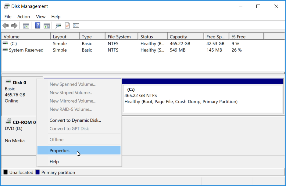 Right-clicking on Disk 0 on the Disk Management window