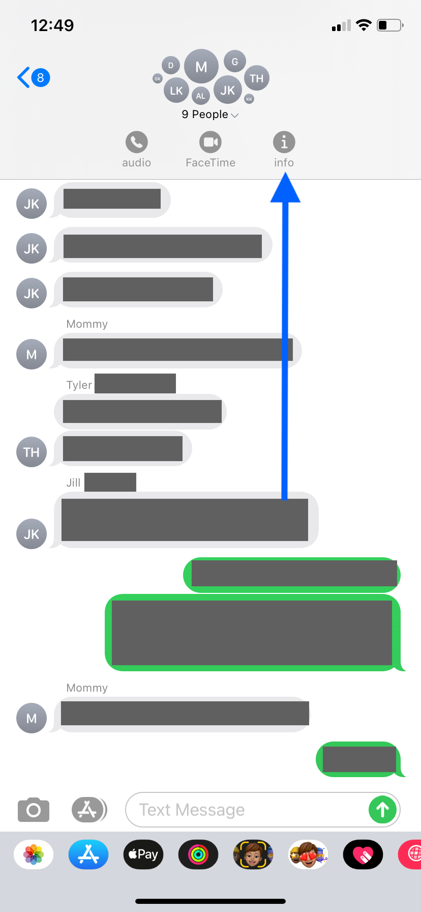 An SMS group chat with the name section drop down menu opened. An arrow points to the info button