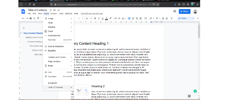 Google Docs menu with Table of Contents option highlighted