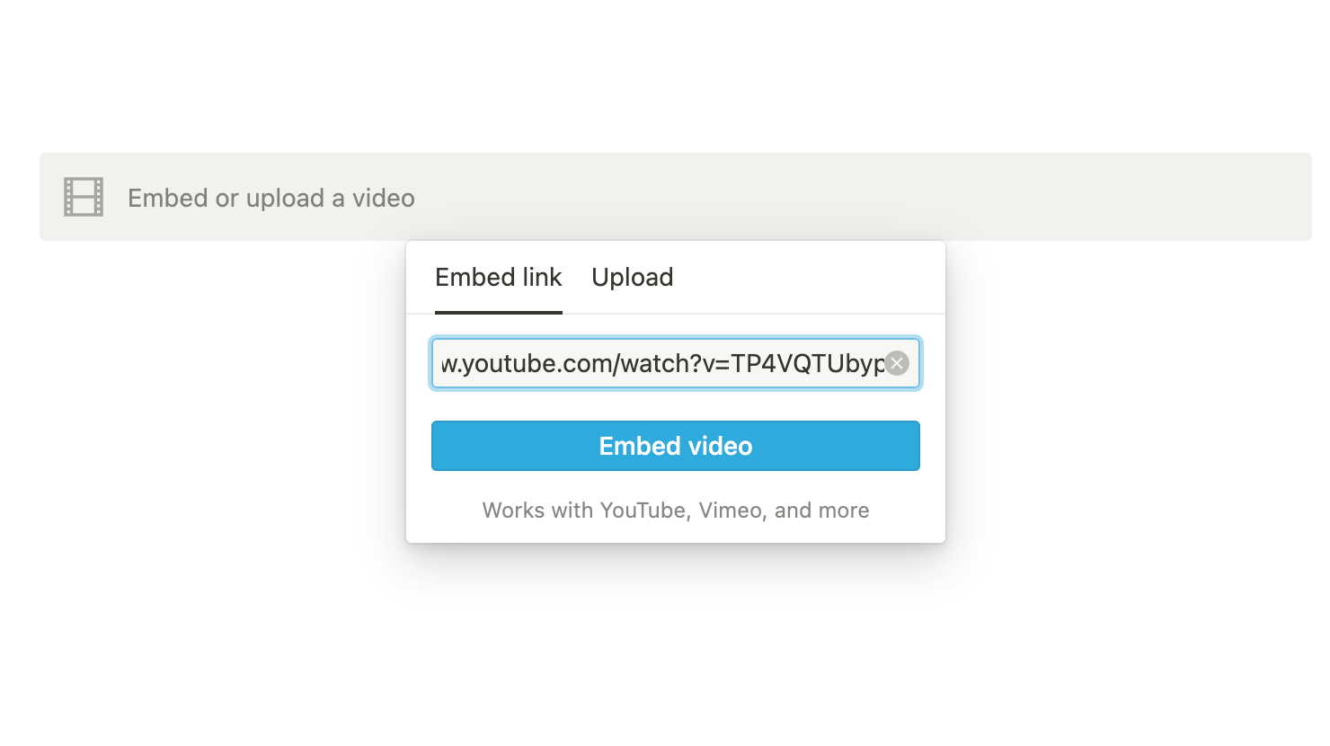 Selecting the embed video option