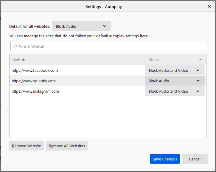 Setings Autoplay blocked sites list - Come bloccare o consentire la riproduzione automatica in Firefox