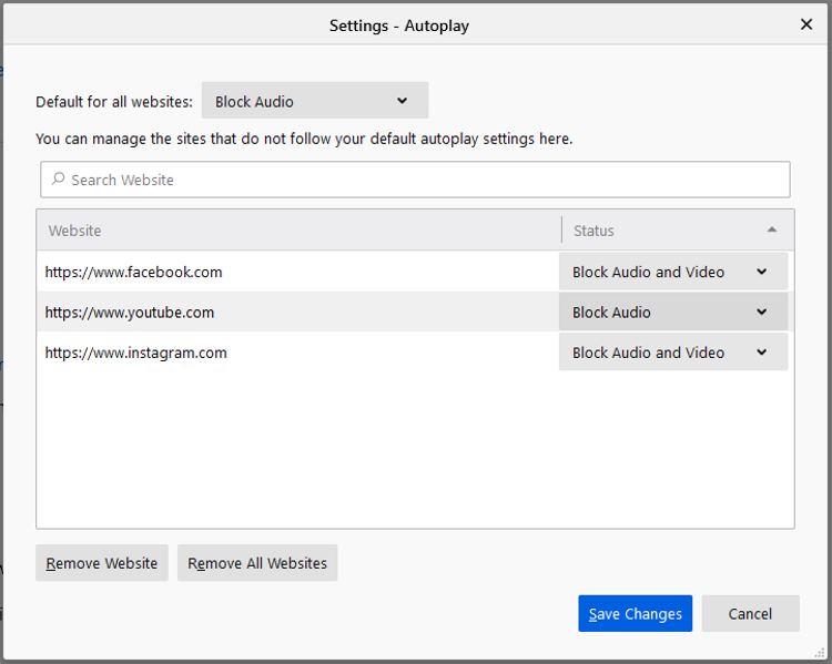So blockieren oder erlauben Sie die automatische Wiedergabe in Firefox - Setings Autoplay blocked sites list