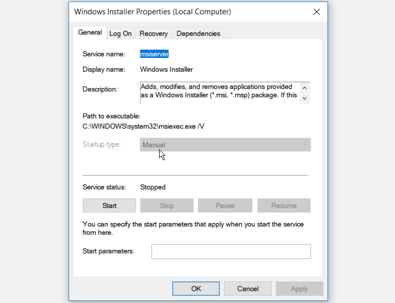 Setting the Windows Installer Startup type to Manual - 7 modi per correggere l’errore 1722 (errore del pacchetto di Windows Installer) in Windows 10