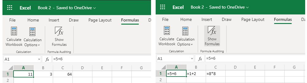 Before and after view of formulas after using the Show Formula button