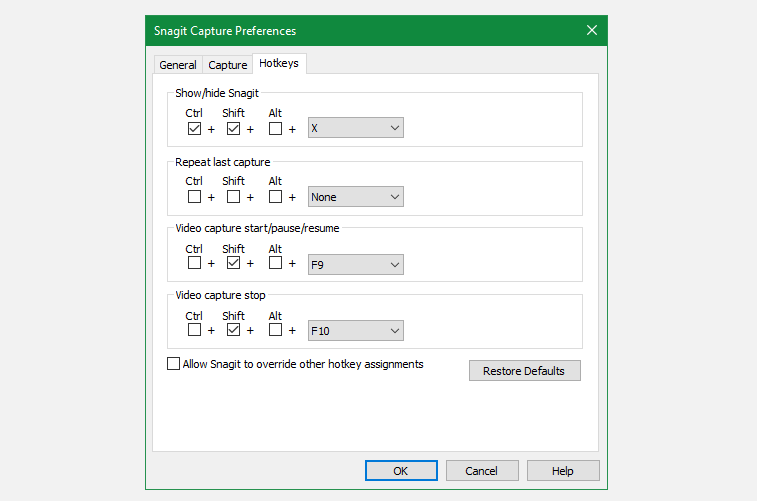 Snagit Capture Hotkeys