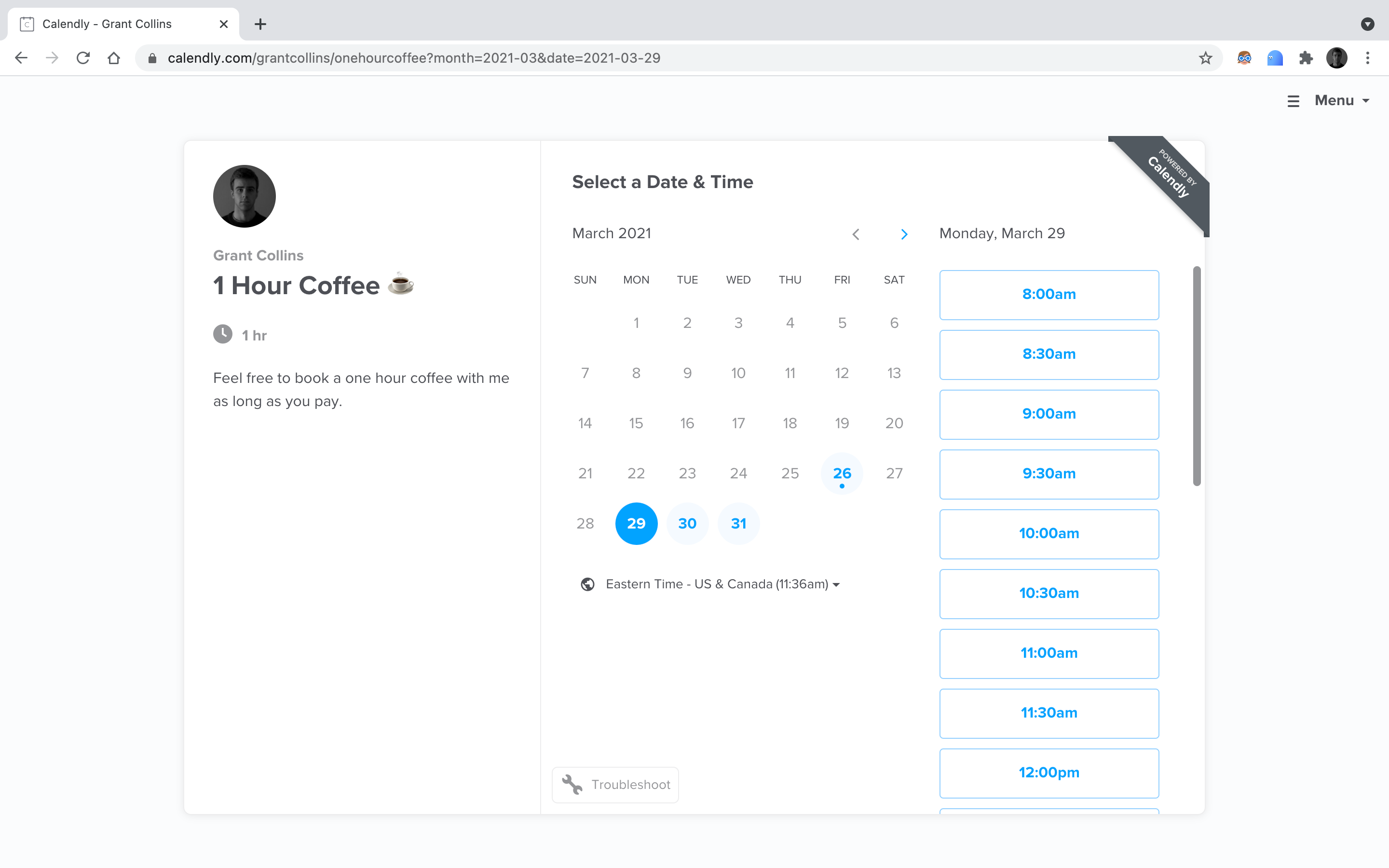 A specific event type page for a one-hour coffee meeting
