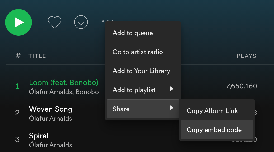 Copying the Spotify embed code