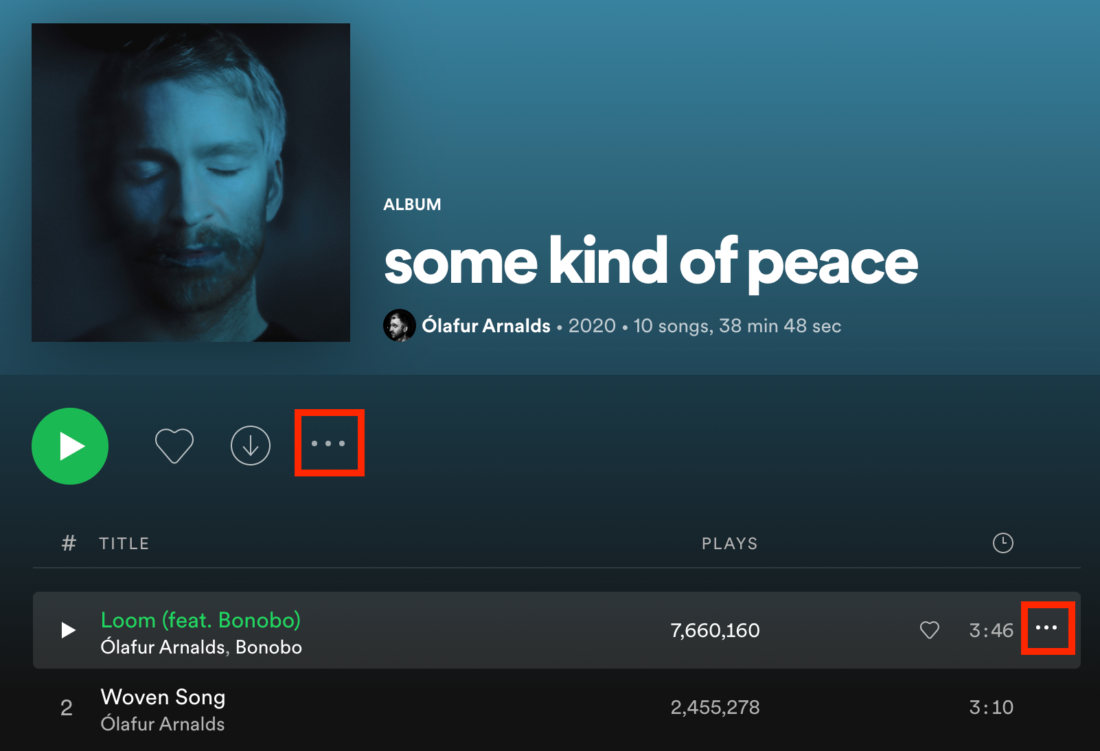 Selecting the horizontal three-dot icon next to a song, album, or playlist on Spotify