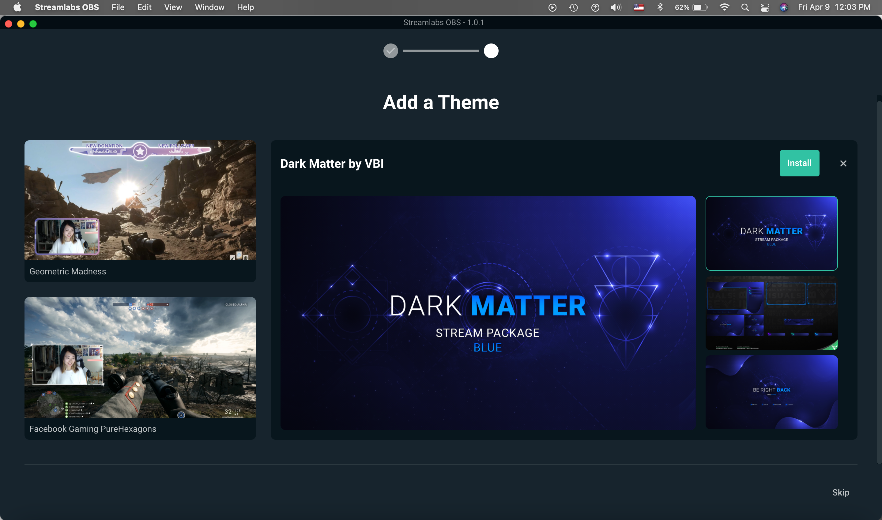 The overlay/theme selection page on Streamlabs OBS on a MacBook Pro
