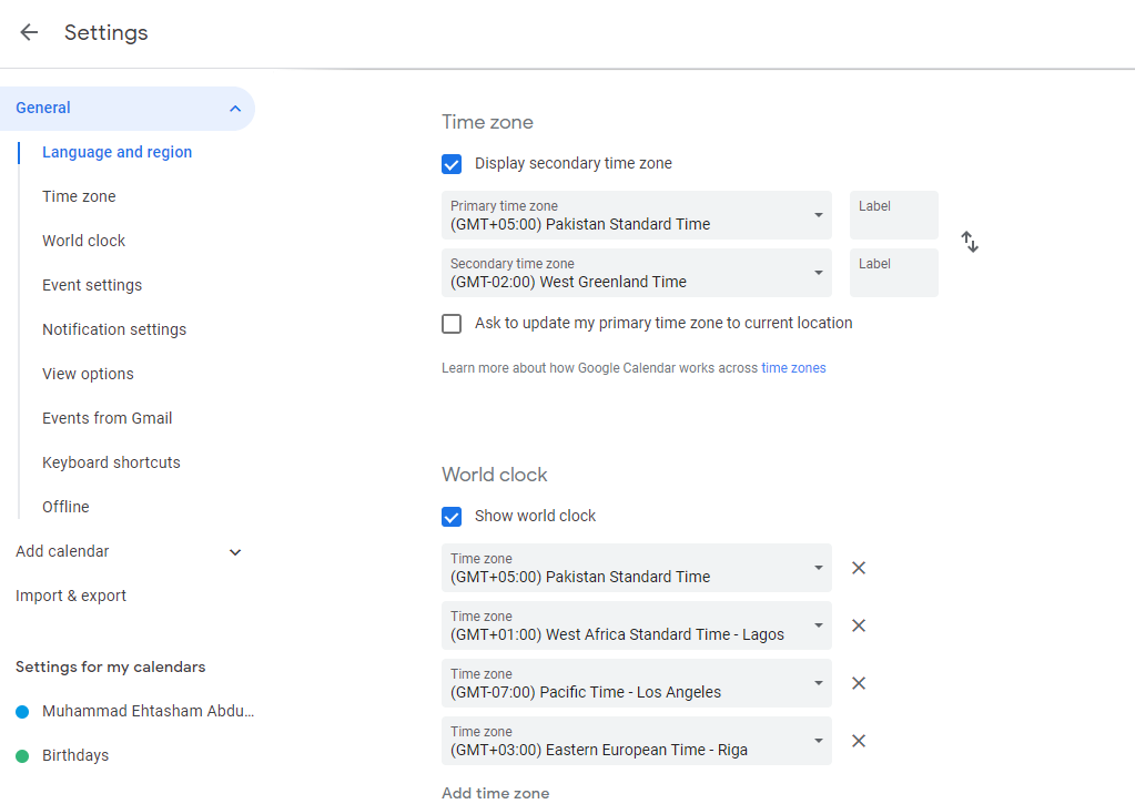 Time Zone in Google Calendar