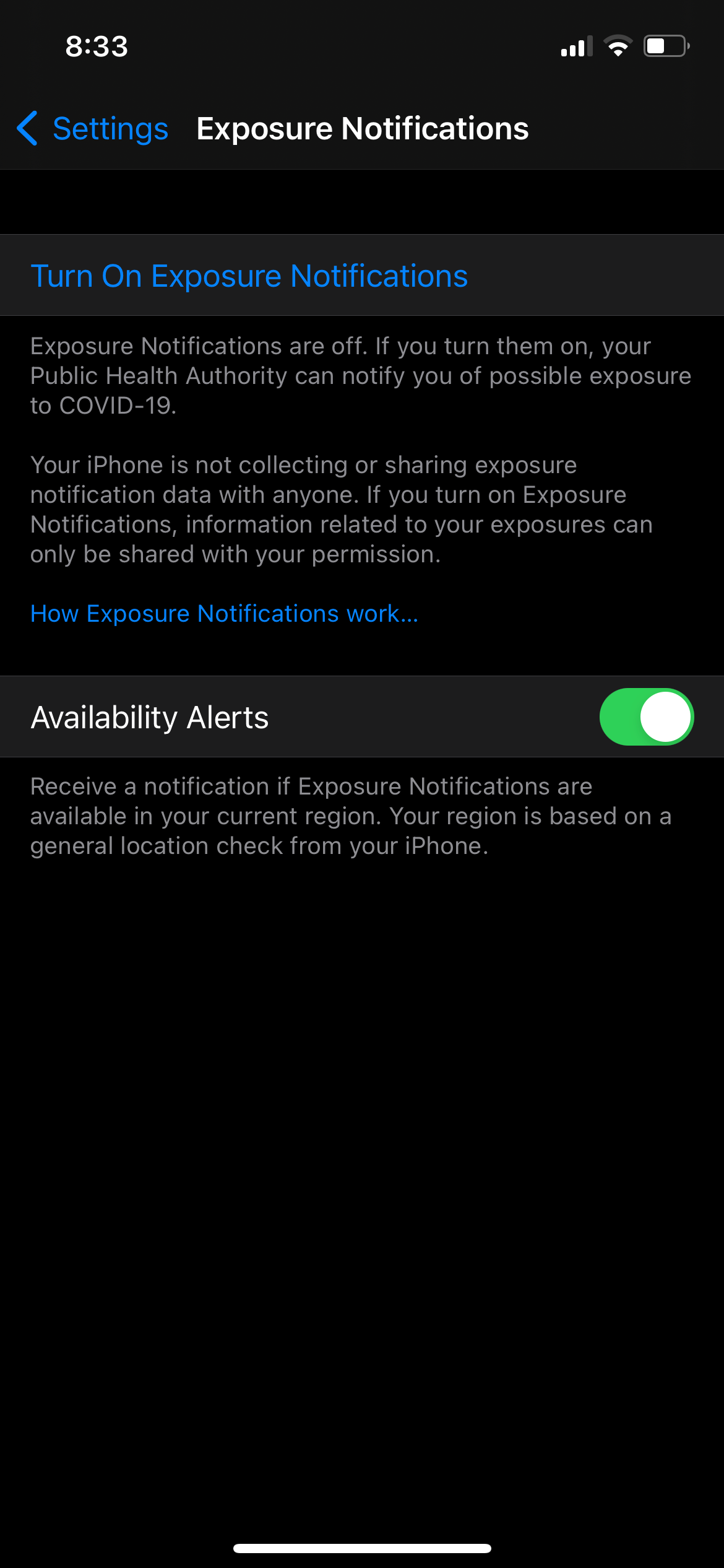 Turn On Exposure Notifications Screenshot