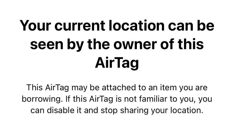 Screenshot of the notification you receive for an unknown AirTag moving with you