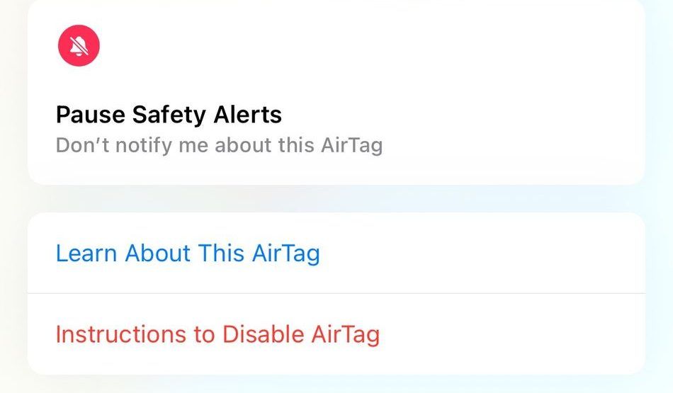 Screenshot of the options in the Find My app for an unknown AirTag
