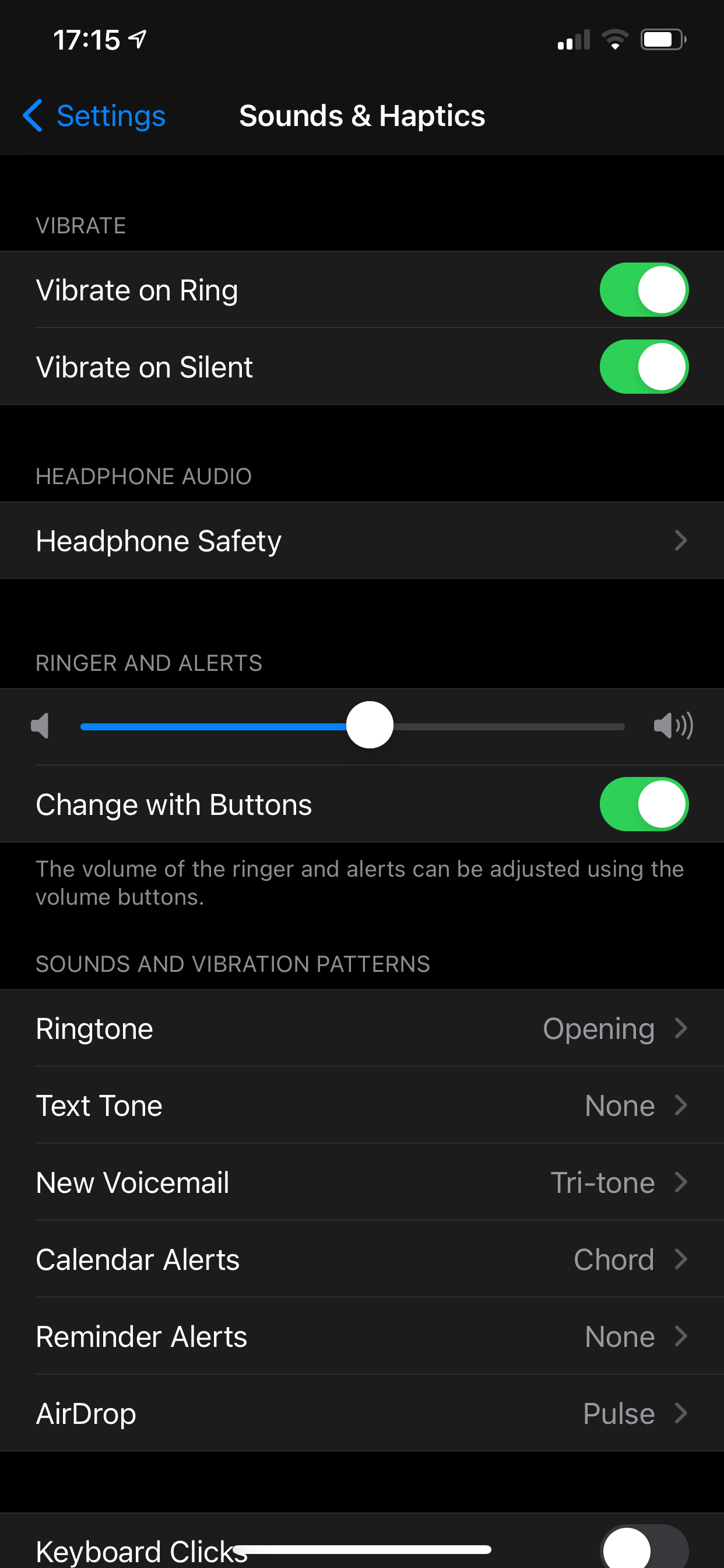 A screenshot of the vibrate toggles in Settings.