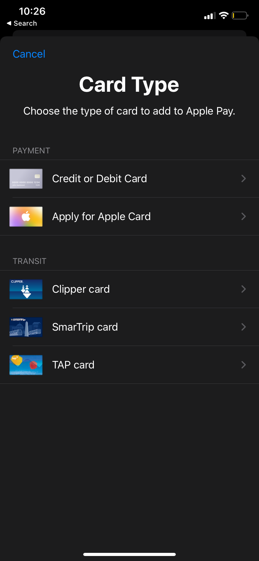 Screenshot of when you press the plus button to apply for Apple Card