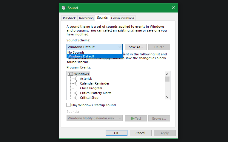 Windows Sounds Control Panel