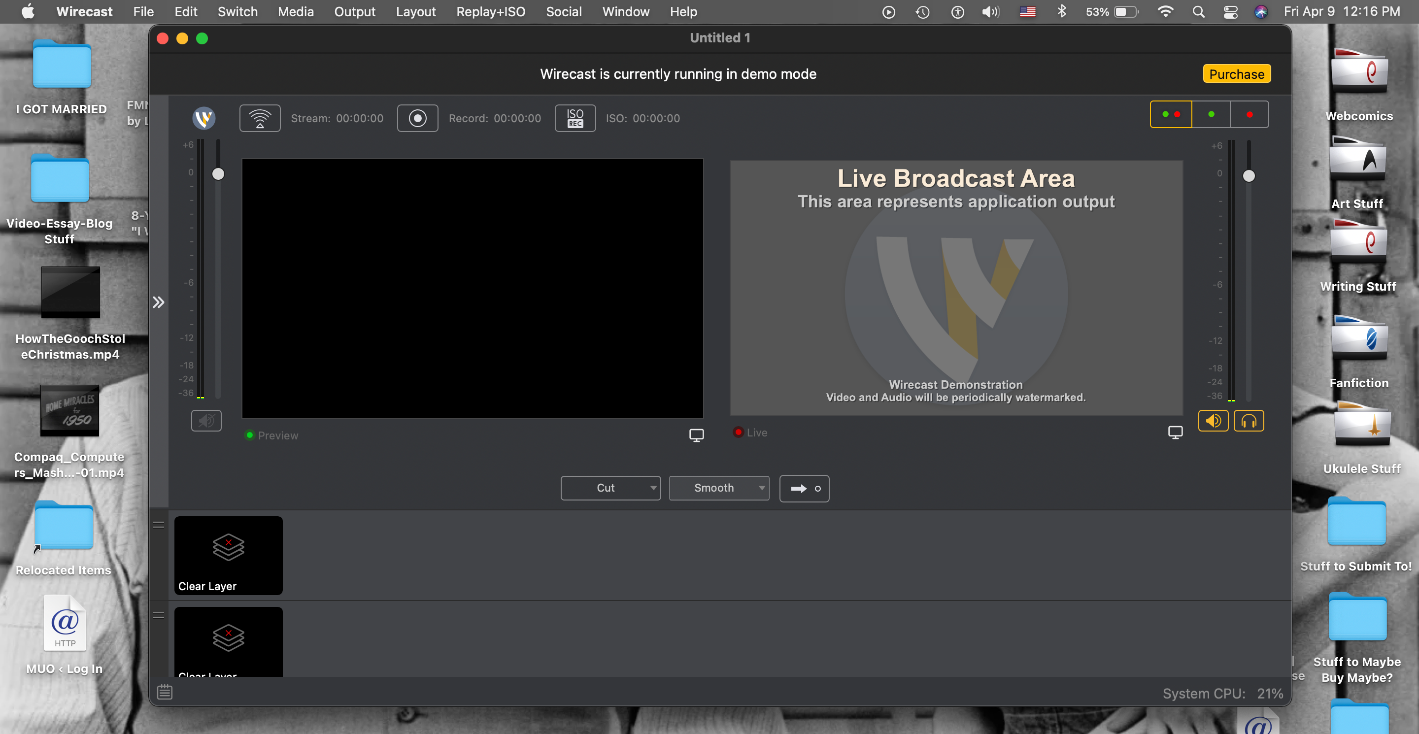 The starting window for Wirecast Studio's demo version on a MacBook Pro