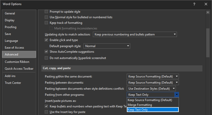 keyboard shortcut to paste text only word mac