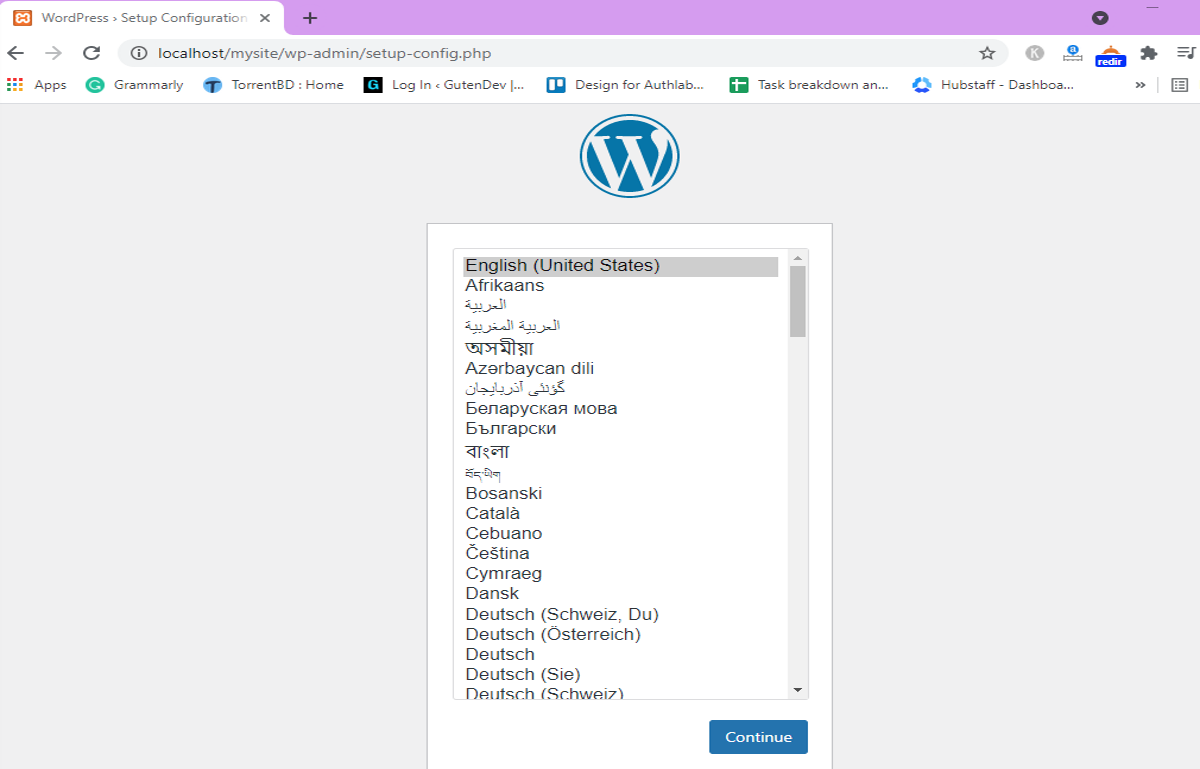 WordPress installation language setup
