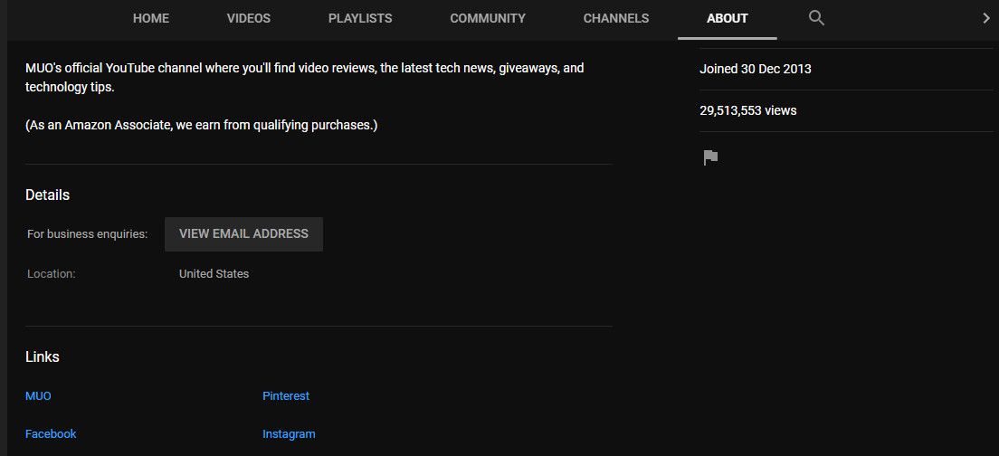 YouTube channel about page with email link