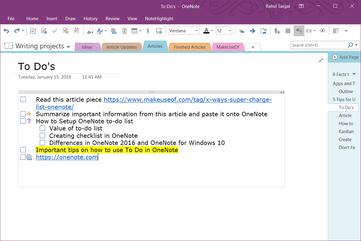 6 Tipps zur Verwendung von Microsoft OneNote als Aufgabenliste - add a tag to checklist OneNote2019