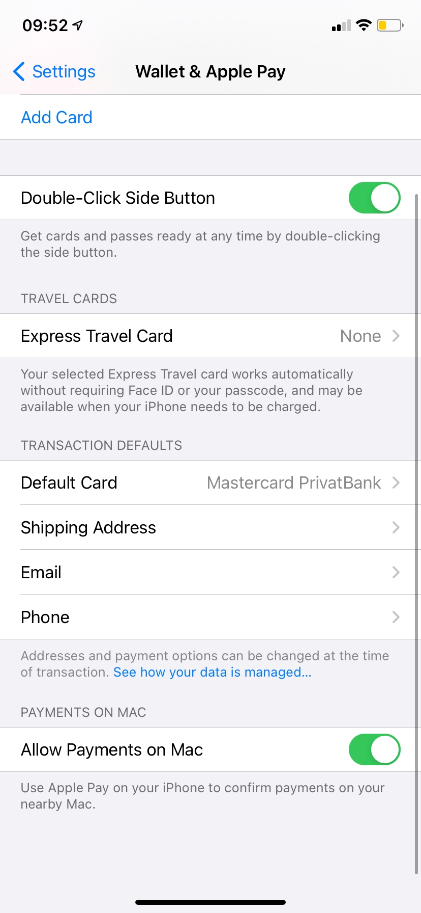 Apple Pay settings on iPhone.
