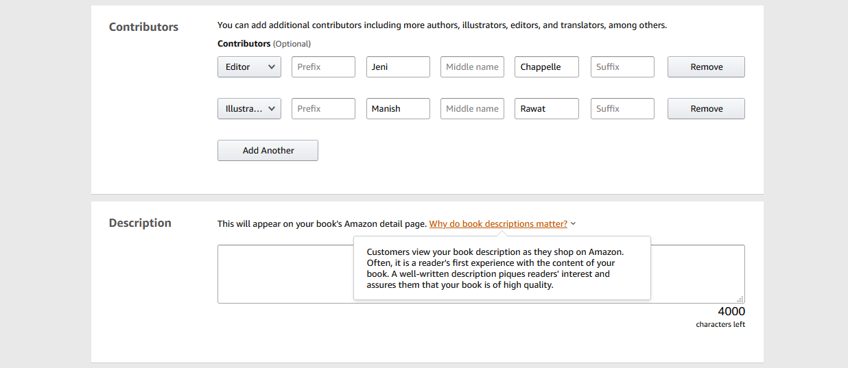 Amazon KDP Book Contributors and Description