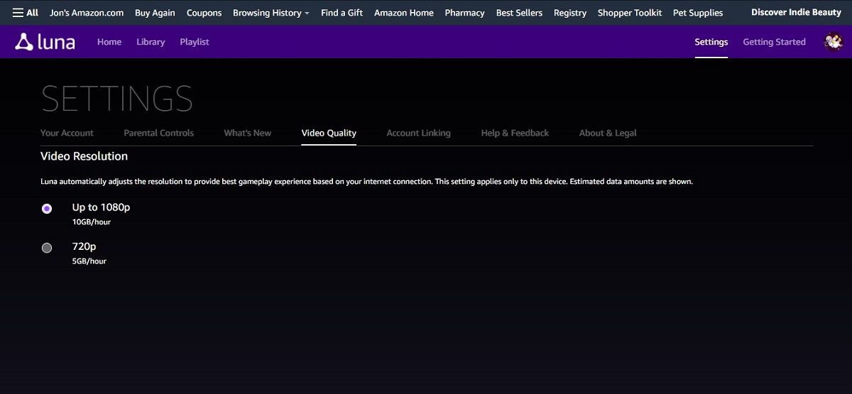 So aktivieren Sie die 720p-Anzeigeoption von Amazon Luna - amazon luna video quality settings