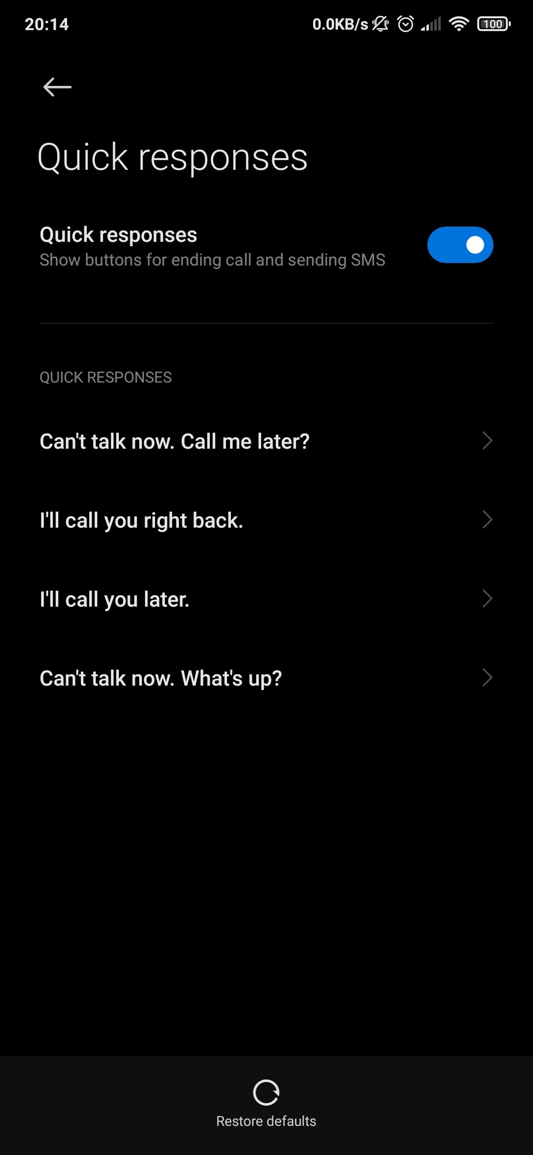 Android phone quick response settings