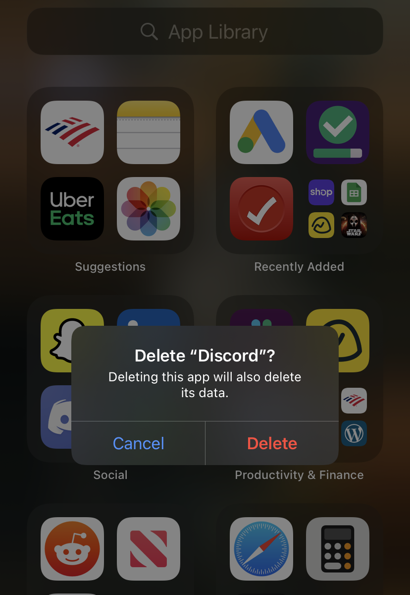 App Library delete app popup menu.