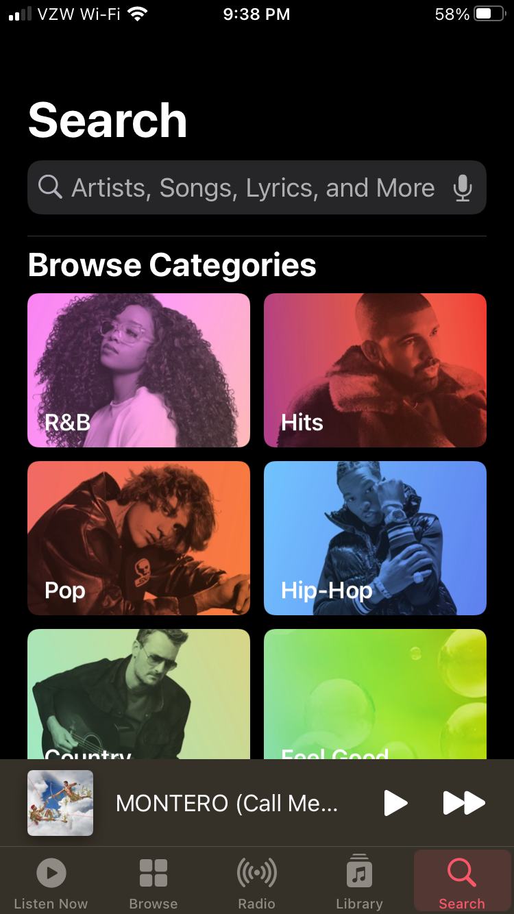 The search tab in Apple Music