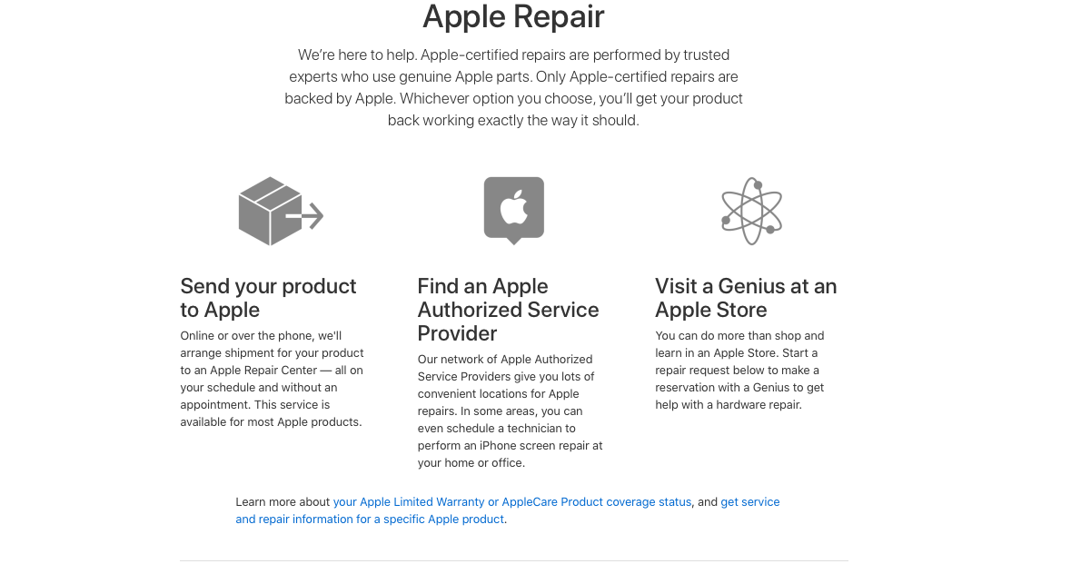 Screen asking whether you would like to bring your device in to the Genius Bar, mail it in, or find an Authorized repair provider.