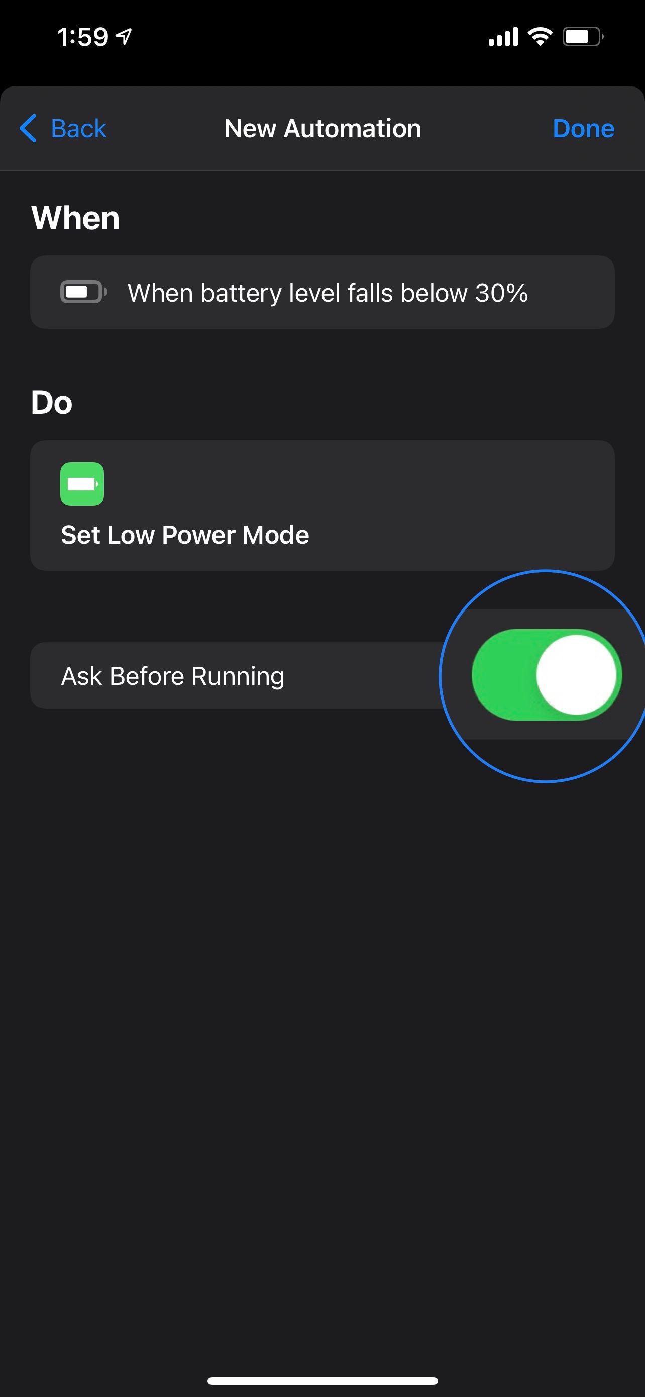 Automation Ask Before Running toggle highlighted